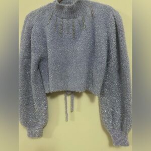 💜 Bershka Lilac Shimmery Fuzzy Rhinestone Open Back Sweater Size S NWT